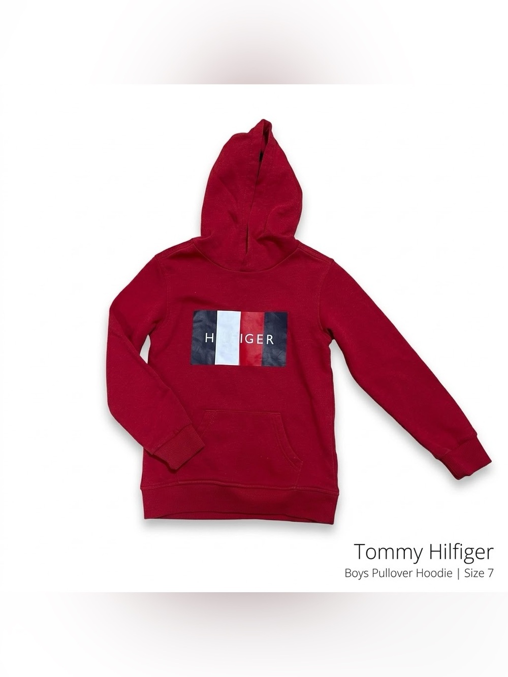 Tommy Hilfiger Boys Red Flag Block Pullover Hoodie Size 7